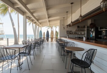 Fototapeta premium Coastal restaurant with surfboards and open-air seating