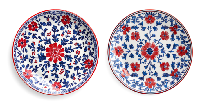 Decorative Ceramic Plate with Red and Blue Floral Patterns on a Transparent Background