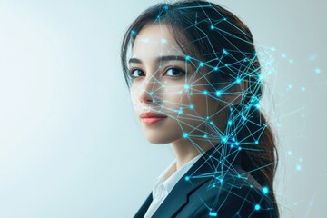 A woman's face is overlaid with a network of glowing lines, symbolizing digital identity and facial recognition technology.