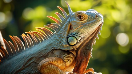 Fototapeta premium Iguana basking in the sun home garden gigapixel image tropical environment close-up view scaly skin details