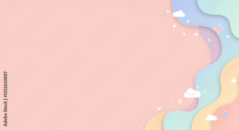 Poster soft and playful background featuring a whimsical right-side design with pastel colors and cute icon