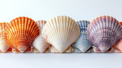 Colorful Seashells Row on White Background