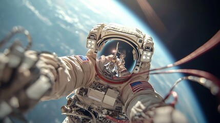 Astronaut in space suit taking a selfie against the backdrop of Earth.