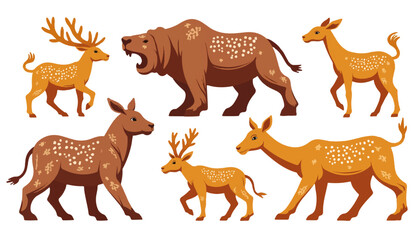 Geometric animal shapes in earthy tones, prehistoric cave art concept