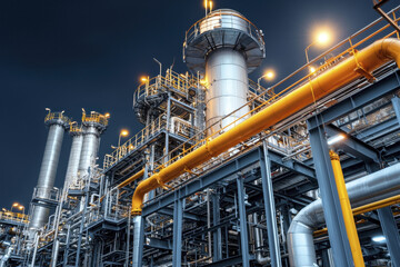 Illuminated oil refinery facility at night with industrial structures and pipes