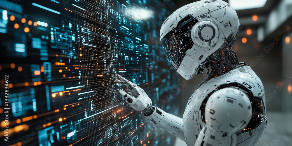 Poster futuristic humanoid robot interacting with illuminated circuit board interface in high-tech environm