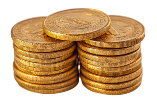 Gold coin stacks, valuable and shiny currency , cut out transparent