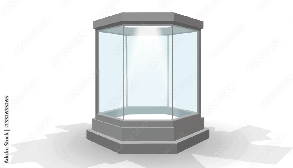 Aufkleber minimalistic hexagonal glass display case design on pure white background, modern display