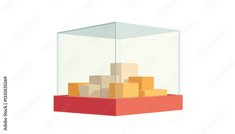 Poster geometric objects displayed in glass showcase on solid base, minimalism