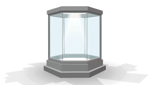 Minimalistic hexagonal glass display case design on pure white background, modern display
