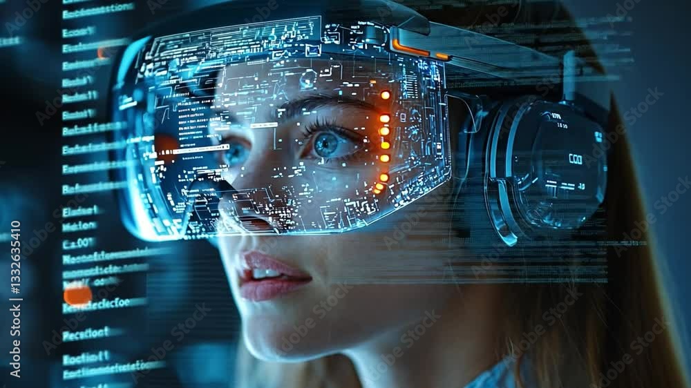Poster a woman using virtual reality technology immersed in a digital environment with data streams