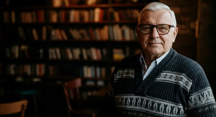 Obraz premium Mature caucasian male in sweater with glasses in cozy library setting