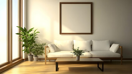 Fototapeta premium Simple minimalist living room with white walls, a sofa, wooden floor, and soft natural light