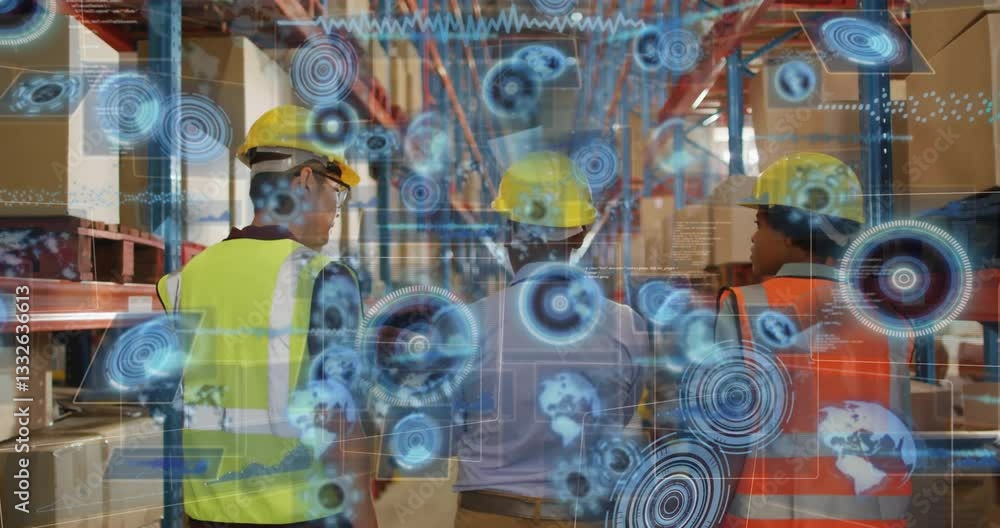Poster in warehouse, workers using animation with digital interface showing data processing