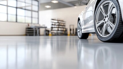 Shiny car parked in modern garage, showcasing sleek design and p
