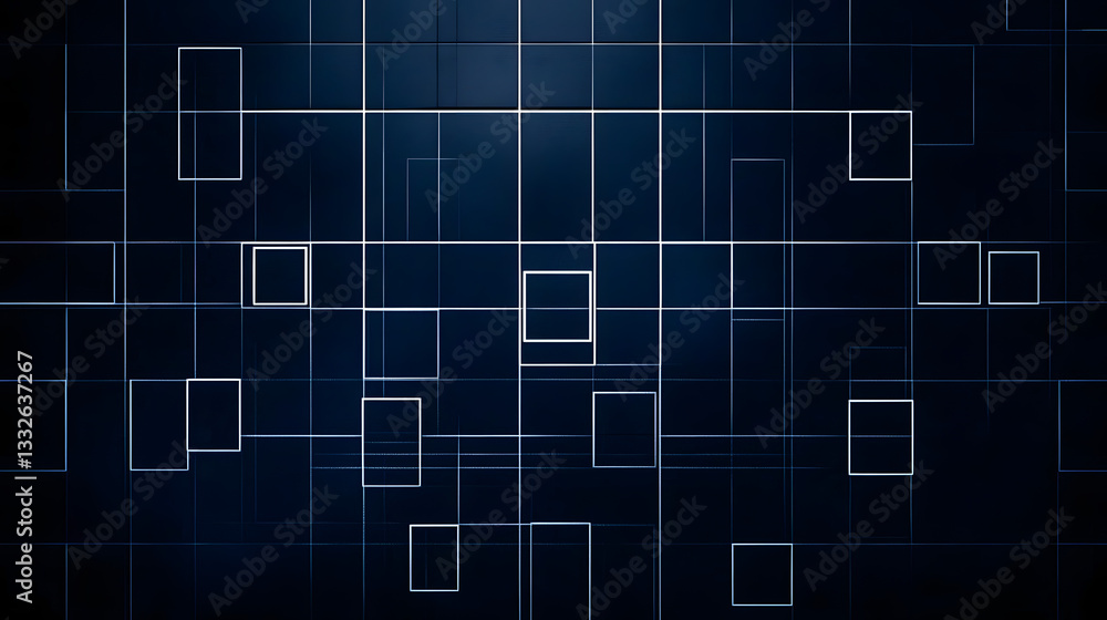 Poster a dark blue background with small white squares, each featuring one large square in the center and f
