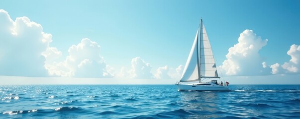 White sailboat glides across tranquil ocean under cloudless sky , sea, adventure