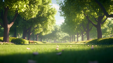 a low poly 3d animated setting of a park with no people, only trees and grass. minimal detail.