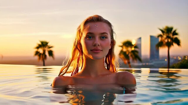 A woman is in a pool, wearing only a bikini top and no bikini bottoms