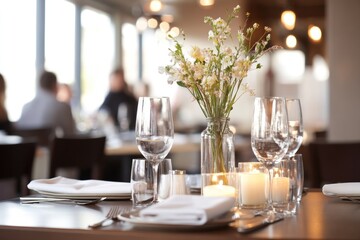 Fototapeta premium Elegant dining table adorned with fresh flowers, soft candleligh