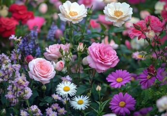 Colorful Blooming Garden with Various Flower Species in Full Spring Splendor, Showcasing Roses, Daisies, and Colorful Petals in Natural Light