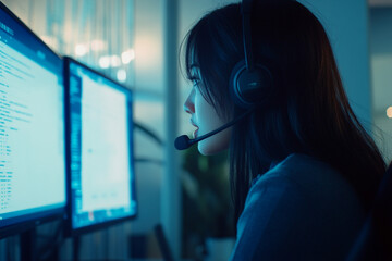 Woman, mic and computer screen at call center in office for crm, customer service and sales information. Girl, talking and headset for telemarketing, technical support and feedback with legal advice