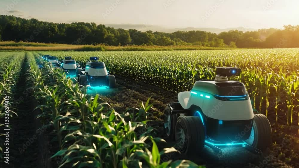 Poster autonomous robots tending to corn fields at sunset in a modern agricultural setting