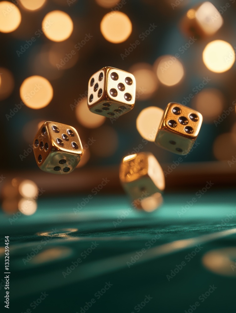Aufkleber golden dice rolling on a deep green casino table illuminated by glowing lights and casting luxurious