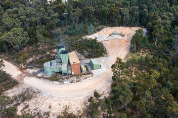 Drone aerial photograph of an above ground industrial ventilation blower system at a coal colliery...