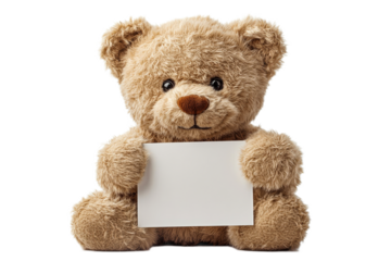 Cute teddy bear holding a blank sign, presentation design element, cut out transparent