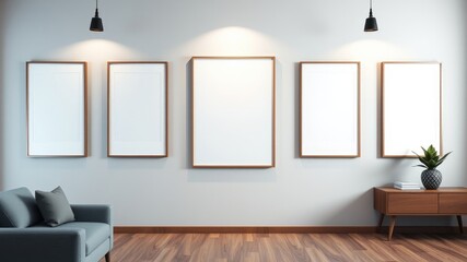 Modern minimalist living room interior with empty picture frames and mid-century modern console table
