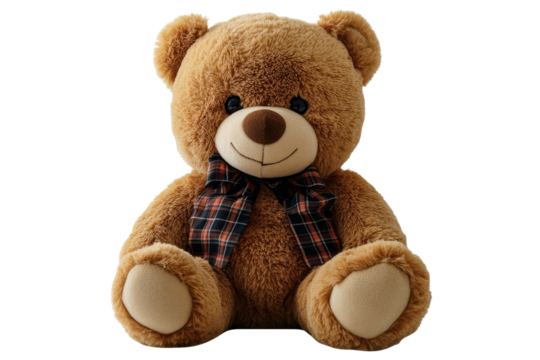 Adorable brown teddy bear with plaid bow tie sitting, cut out transparent
