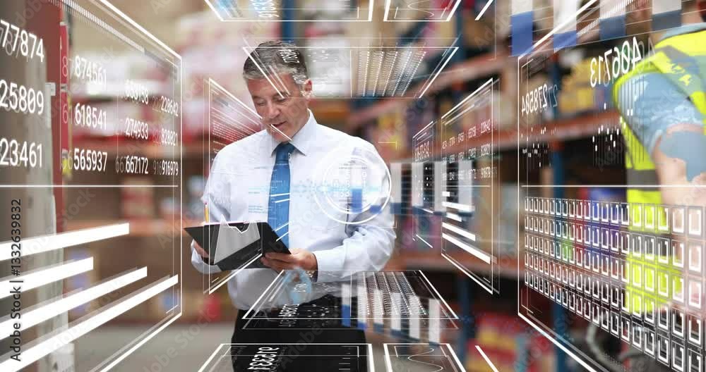 Poster businessman using tablet with digital data processing animation in warehouse