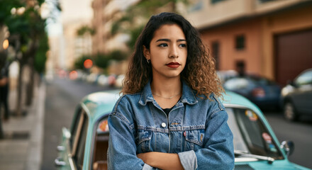 Fototapeta premium Hispanic young female in denim jacket standing confidently on urban street
