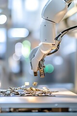 Robotic arm skillfully picks up metallic components amidst blurr