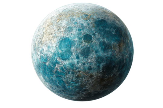 Fantasy planet, blue hue and rugged surface texture, cut out transparent