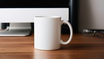Minimalist coffee mug mockup on a wooden table in a modern workspace.