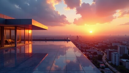 Sleek rooftop, metallic accents, sunrise over city, rooftop access, dawn