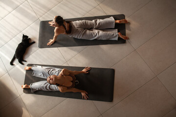 Two young girl are practicing yoga indoor. people wear top and comfortable leggins,embodying a snse...