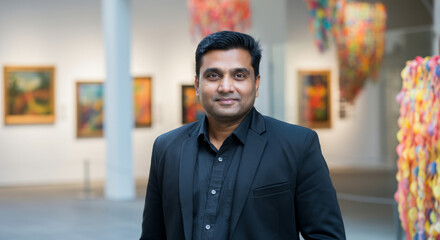 Fototapeta premium Confident south asian male adult in art gallery with colorful paintings and sculptures