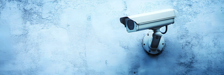A white security camera is on a wall. The camera is in the middle of the wall and is facing the right