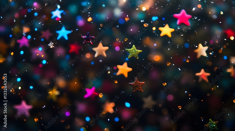 Aufkleber colorful glittering stars falling on dark background with bokeh effect