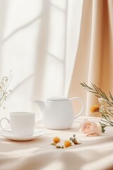 Fototapeta premium Soft sunlight filters through sheer curtains, illuminating elega