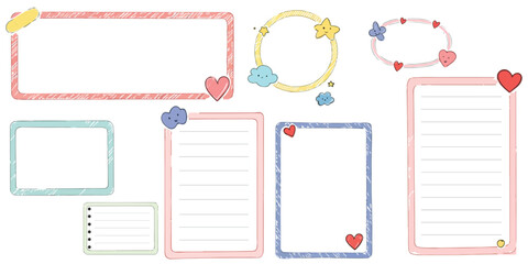 Memo frame note paper line cute featuring hand drawn sketch lines with a childlike charm, this set includes reminder notes and decorative stickers, all designed in a simple and creative vector