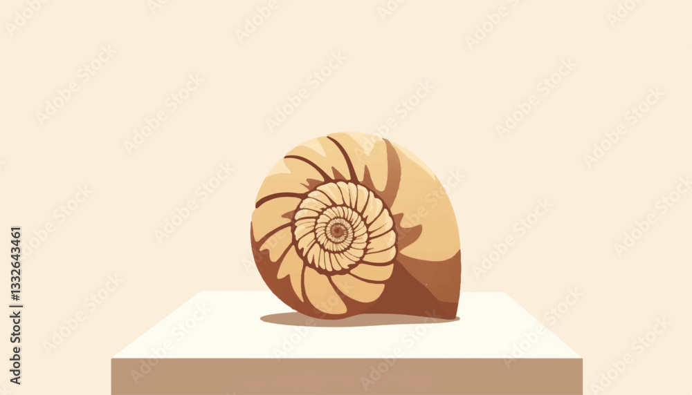 Poster fossilized shell exhibit on display in minimal museum setting, artistry
