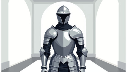 Medieval knight in shiny armor displaying geometric design, historical symbolism