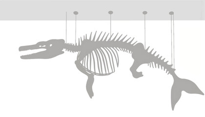 Giant whale skeleton hanging in museum, marine history exhibition