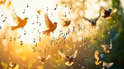 Musical Notes Transforming into a Flock of Birds – Symbolizing Freedom, Art, and Transcendence – Surreal Conceptual Illustration – Generative AI