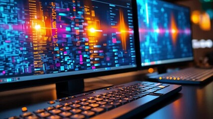 Colorful digital interface with multiple computer screens displaying data in a tech workspace