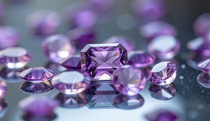 Short Description: A close-up shot of faceted purple gemstones, with a larger central gemstone, arranged on a reflective surface, creating a sparkling and elegant display of light and color